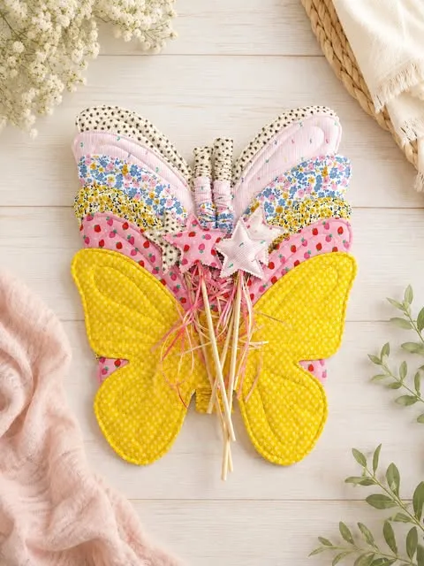 Six pairs of quilted wings stacked in a rainbow on a white table